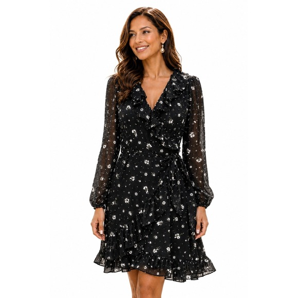 Spring + Mercer Dresses & Skirts - Spring + Mercer Black Floral Swiss Dot Ruffle Wrap Mini Dress XS NWT